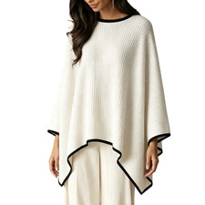 Womens Ribbed Knit Poncho Round Neck Contrast Trim Loose rregular Hem Cover Up