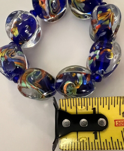 Vtg Murano Glass Bead Stretch Bracelet Blue Chunky Candy Wrapped Art Glass Italy - Picture 6 of 9