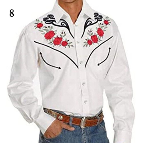 Camisa informal de vaquero occidental de manga larga con cuello vuelto para hombre Camisa estampada retro - Imagen 8 de 16