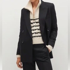 MANGO Women's Blazer Jacket Black Double Breasted Lined Structured Suit Size XS