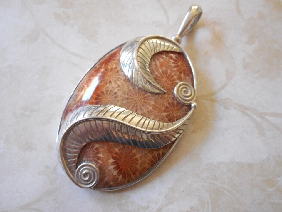 Colgante grande de plata de ley Sajen coral petrificado M59P2 Foto 2 de 4