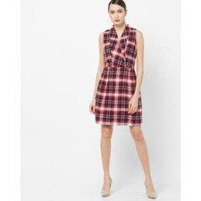 Tommy Hilfiger Dress Womens 8 Cathryn Red Blue Plaid Sleeveless V Neck Wrap