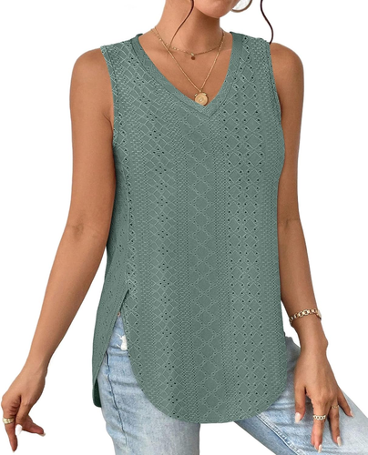 Womens Tank Tops V Neck Eyelet Embroidery Casaul Sleeveless Shirts