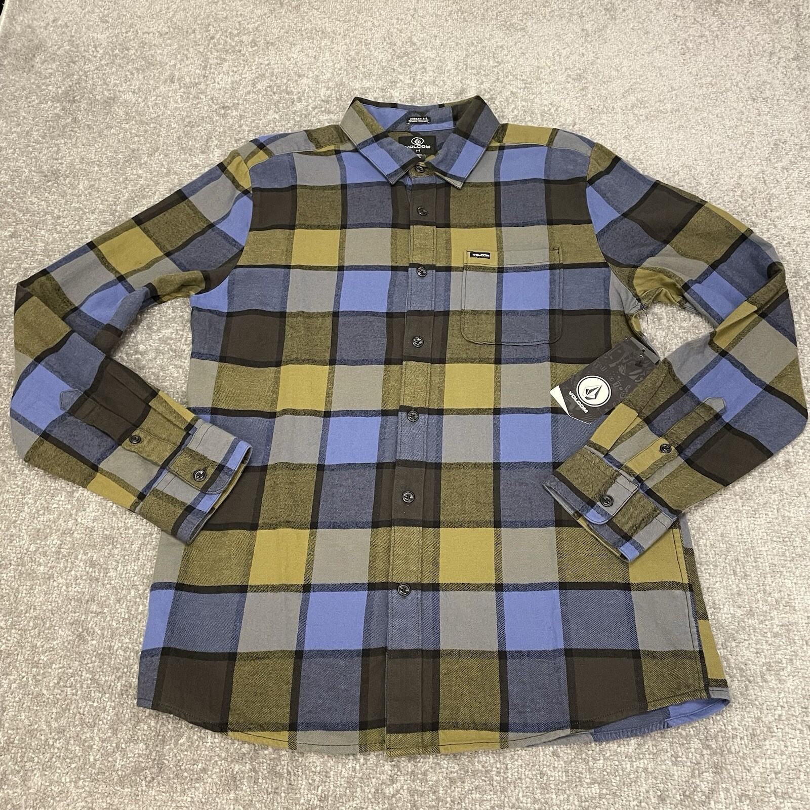 Volcom Shirt Mens Large Green Blue Plaid Caden Flannel Button Up NEW $65