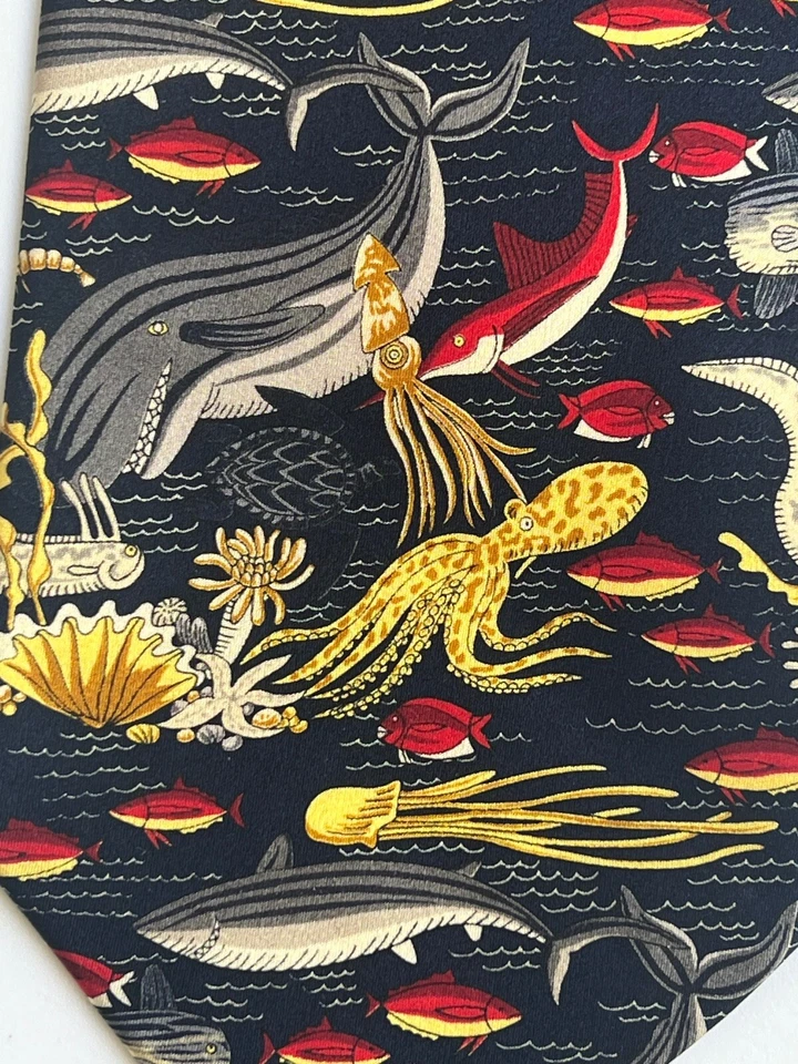 "Corbata Rudee Ricco seda italiana multicolor bajo el mar pulpo tiburón náutica 59""x4""" Foto 3 de 4
