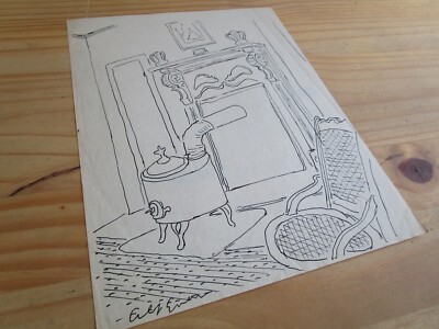 Original pen drawing signed Alf Evers Woodstock New York NY Artist Fireplace