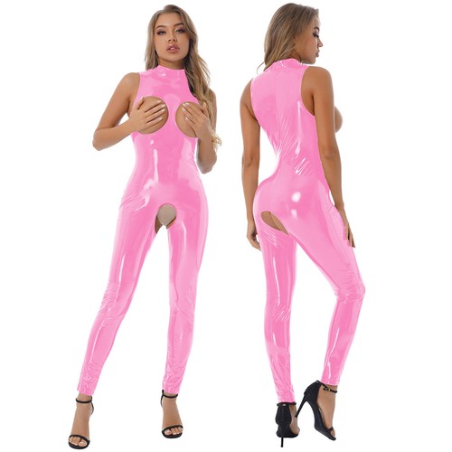 Damen Wetlook Jumpsuit Langarm Overall Glänzend Bodysuit Catsuit Clubwear Party - Bild 2 von 41