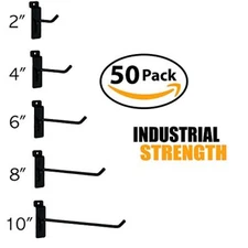 Black Slatwall Hooks Combo Pk of 50 Assorted Sizes(10) of Ea 2",4",6", 8" & 10" 