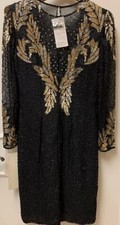 Vintage NWT Black Cocktail Evening Gold Silver Sequin Beaded Dress S Fits M