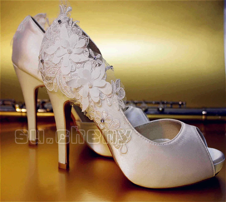 su.cheny 3 «4» каблуки свет слоновой кости атласное кружево открытый заглянуть носок свадебные туфли - Изображение 2 из 4
