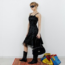 Y2K Vintage lovely strappy shiny party dress in black velvet  gold