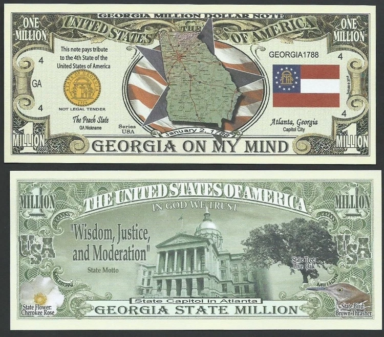 GEORGIA STATE MILLION DOLLAR BILL w MAP, SEAL, FLAG, CAPITOL - Lot of 2 BILLS