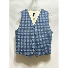 Vintage F. Brand Plaid Button Front Vest Medium Blue Tan Neutral Gingham Check