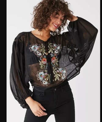 UO Forbidden Forest Embroidered Top Floral Sheer Lace Blouse Black M New 167554