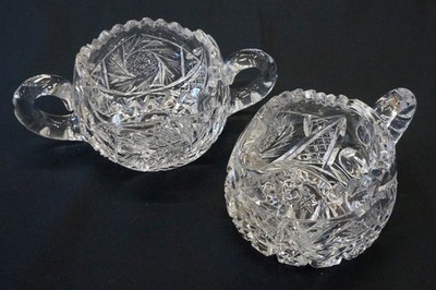 Vintage ABP CUT GLASS CREAM & SUGAR SET, WHIRLING HOBSTARS, HEAVY, GORGEOUS