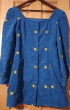 Cider Dress Corduroy Floral Embroidered Womens Size M Teal Sunflower Festival