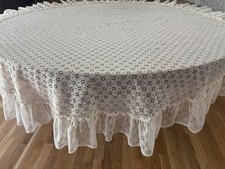 Vintage Round Floral Ruffled Lace Tablecloth 66  Diameter Cottagecore Ecru EUC