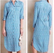 Maeve Anthropologie Blue White Jemima Midi Button Front Shirt Dress Size 8