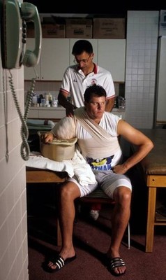 Roger Clemens Boston Red Sox ices his arm after pitching a game v - Old Photo