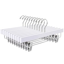 10 Pack White Wooden Pants Hangers with Clips, 14" Wood Skirt  Trousers Hang...