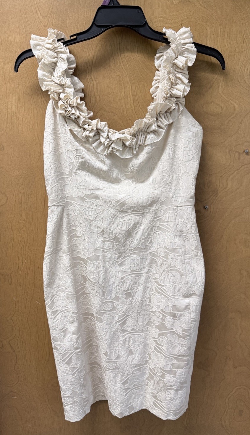 Maggy London Ruffle Trim Off White Floral Cotton Blend Jacquard Sheath Dress  8