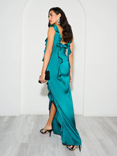 NWT 245 Adriana Papell Ruffled V-Neck Sleeveless Satin Gown Deep Emerald 10
