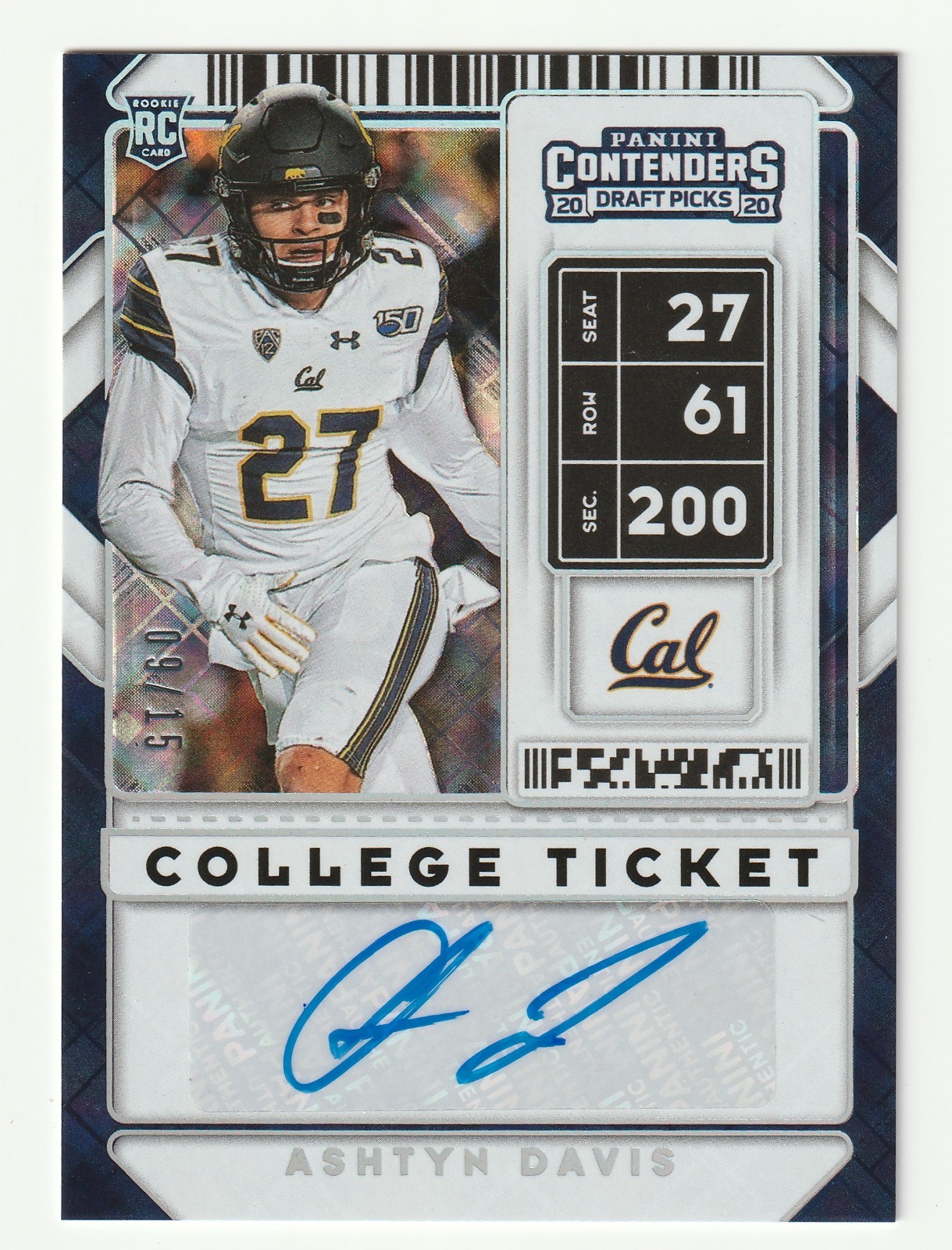 ASHTYN DAVIS 2020 CONTENDERS DRAFT PICKS #218 / ROOKIE RC AUTO #09/15  CAL BEARS