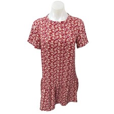 Ann Taylor LOFT Red White Floral Short Sleeve Flounce Hem Mini Shift Dress Sz S