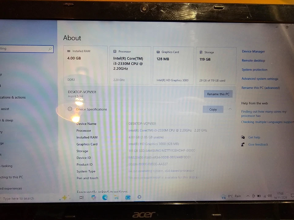 15" Acer Aspire 5749 Core i3-2330M 2.3GHz 4GB 128GB SSD Windows 10 Laptop - Image 2 of 4