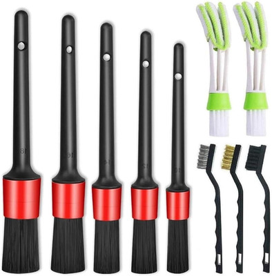 11Pcs Auto Detailing Set, Boar Hair Brushes, Steel Wire & A/C Brushes, Red, Soft