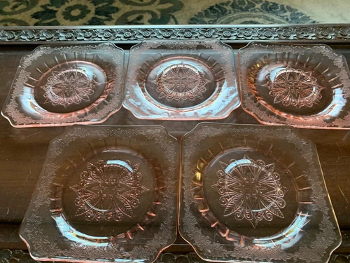 5 Vintage Jeanette Pink Depression Glass 6” “Adam" pattern Small plates