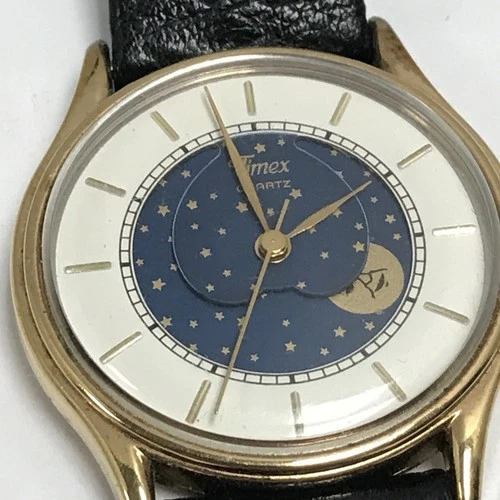 NICE VTG TIMEX M CELL MOON PHASE DIAL QUARTZ GOLD/Blue LEATHER DRESS WATCH