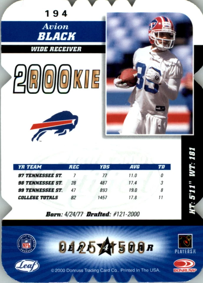 2000 Leaf Certified Rookie Die Cuts #194 Avion Black /1500 - FB   - Image 2 of 2