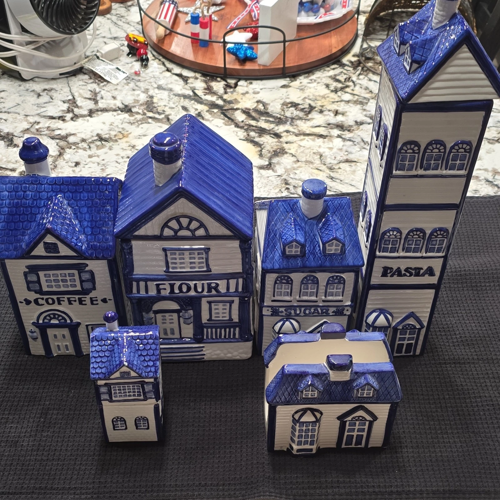 Rare Find Vintage CKAO Blue White Ceramic House Canister Set 7pc w Lids, 12 oz