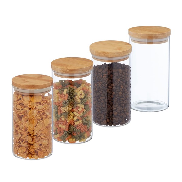 Relaxdays VorratsgläSer 4Er Set Mit Bambusdeckel 1000Ml Luftdicht Transparent-image