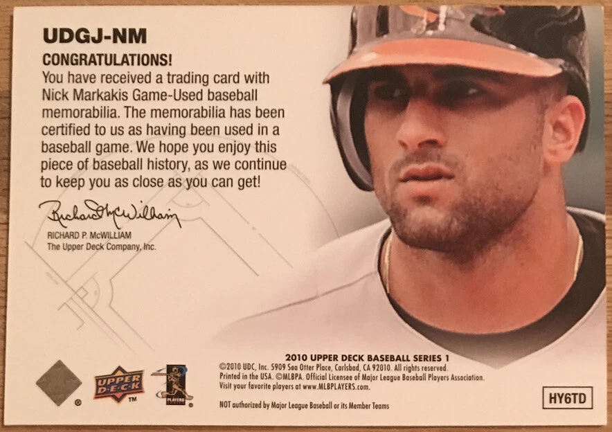 2010 Upper Deck UD Game Jersey Nick Markakis UDGJ-NM Baltimore Orioles - Image 2 of 2