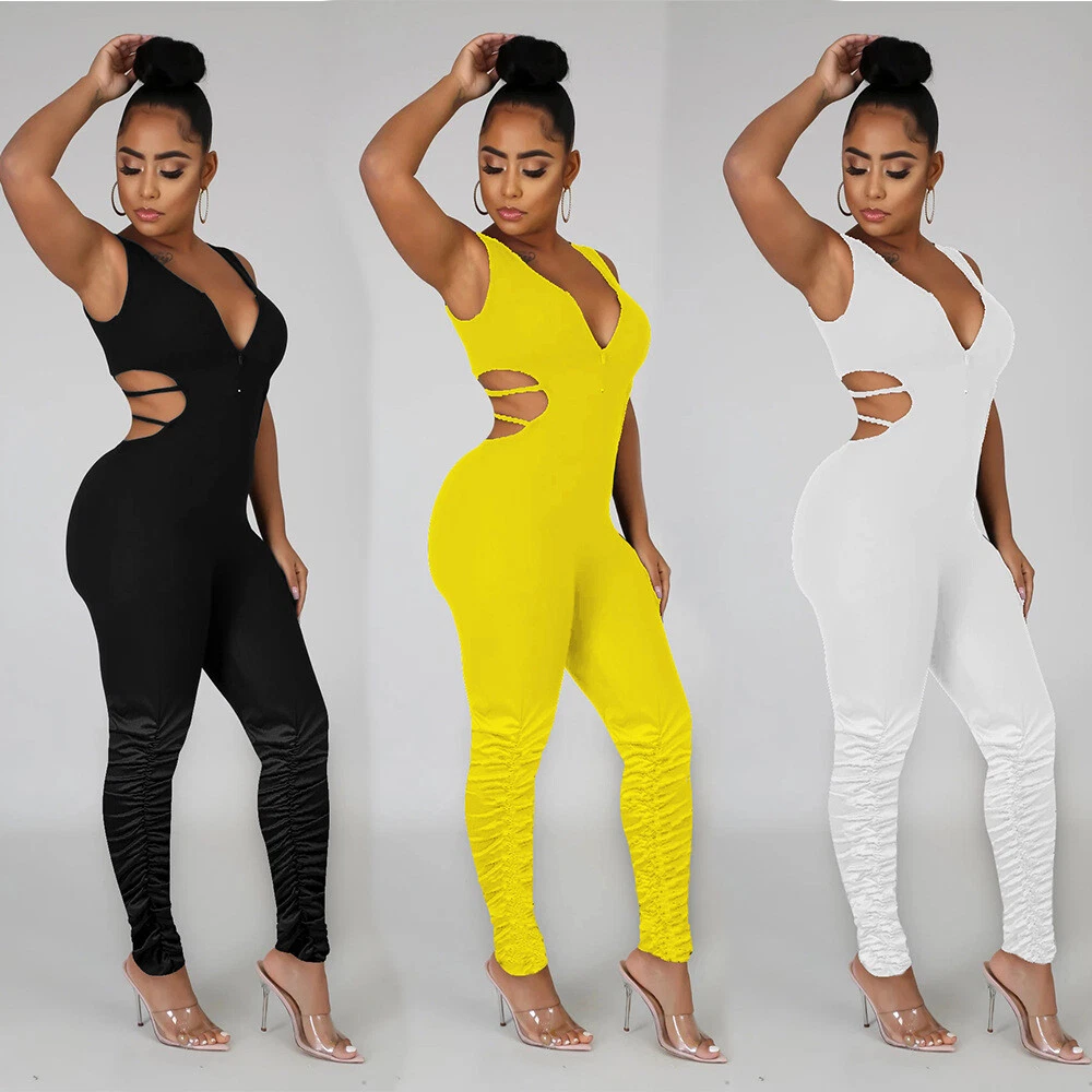 NEW Sexy Women s Deep V Neck Sleeveless Open Back Skinny Club Jumpsuit Romper