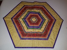 Quilted Reversible Table Topper Handmade Hexagon Gold Red Purple 31" X 36"