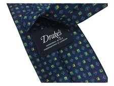 Drake's London Men's Lined Tie 8cm Dark Blue Pattern 100% Silk