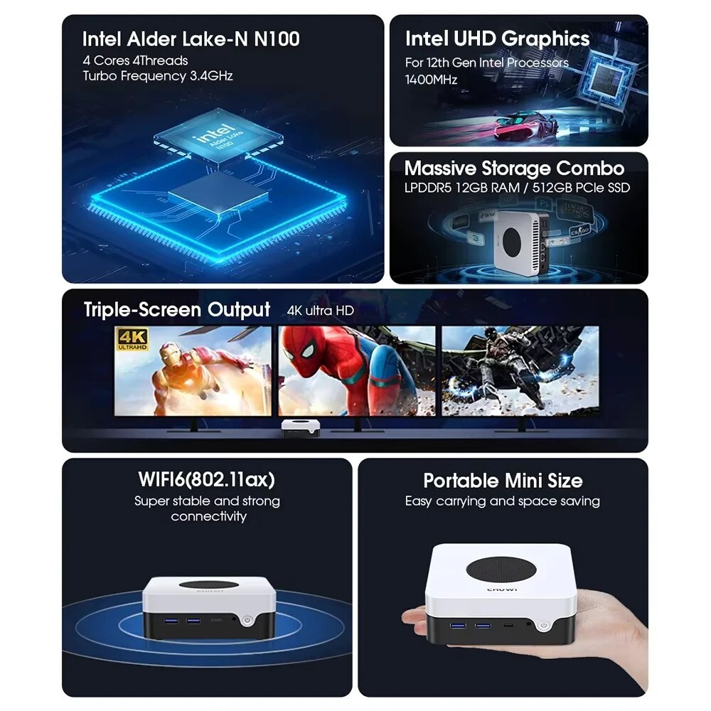 CHUWI LarkBox X Mini PC Intel N100 12GB 512GB SSD Win11 WiFi6 HDMI
