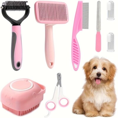 8 Pcs Cat Dog Brush Grooming Kit, Self-Cleaning Slicker Brush, Pet Nail Clipper