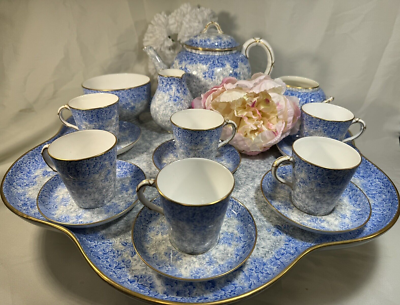 c1880 Royal Worcester Blue Chintz 'Lazy Susan' TEA SET W2297