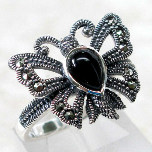 SUPERB MARCASITE BUTTERFLY ONYX 925 STERLING SILVER RING SIZE 5-10 - Picture 1 of 3