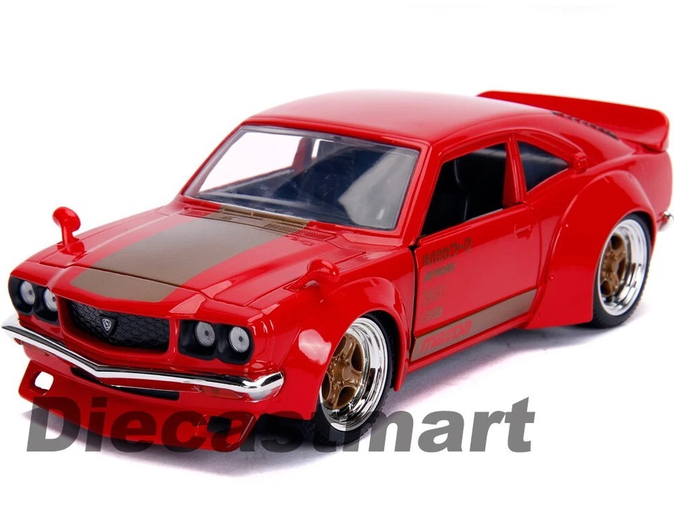 Sintonizadores Jada 1:24 JDM Mazda RX-3 1974 negro brillante/rojo modelo de coche fundido a presión nuevo  Foto 3 de 4