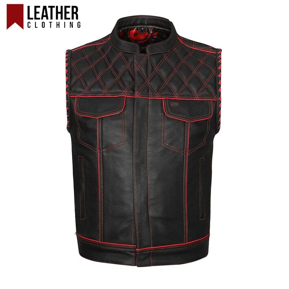 Men's Black Leather Vest Diamond Motorbike Motorcycle Concealed Red Waistcoat - Image 2 of 4