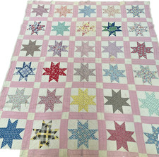 Hand Stitched Quilt Star Pattern 30 Blocks Pastels 68" x 78" Vintage