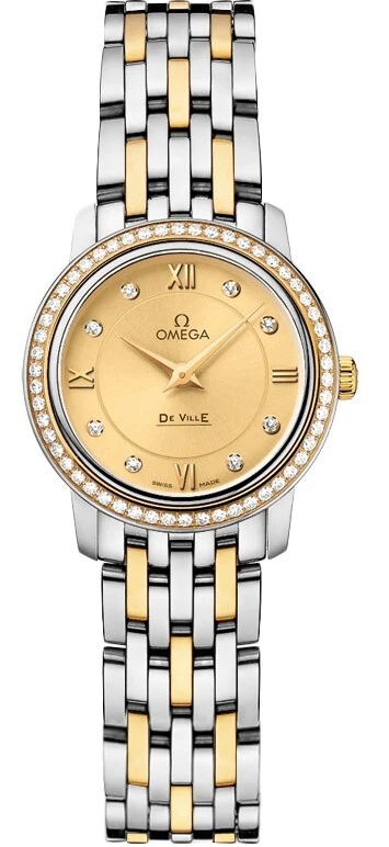 Reloj Omega De Ville Prestige de dos tonos para mujer con bisel de diamantes 424.25.24.60.58.001