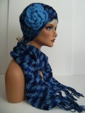 BLUE MULTI COLOR HAND CROCHET FLOWER HAT AND SCARF SET BEANIE SKULL SKI CAP TAM