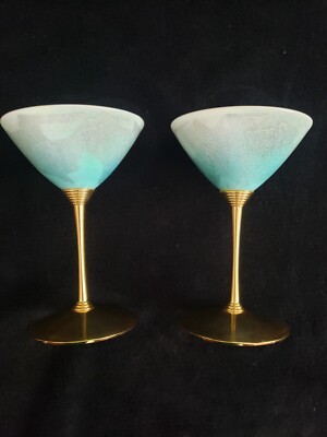 2 Kutani Yaki Ware Martini Glass Porcelain Ginsai Silver Foil Japan Turquoise