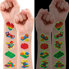 96 PCS Building Blocks Block Pre-Cut Luminous Glow in the Dark Temporary Tattoos